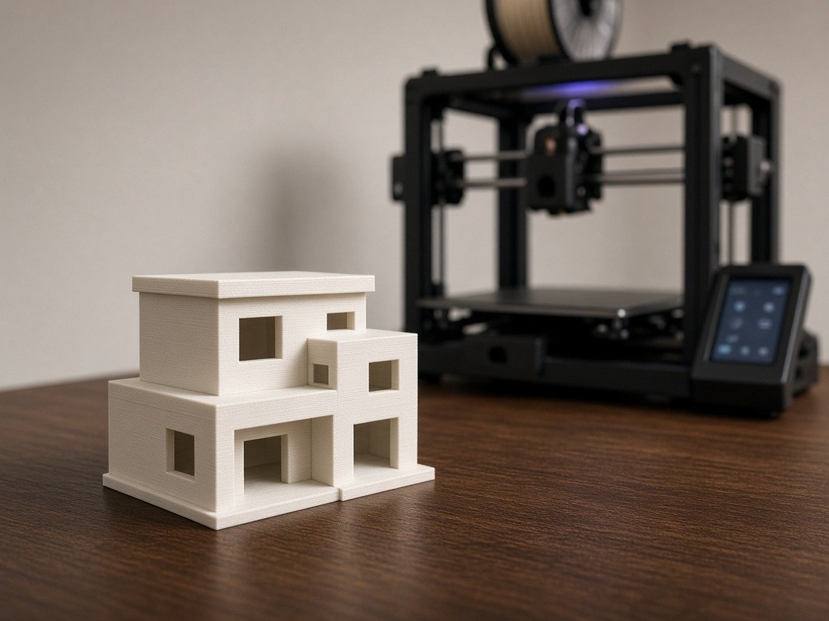 Cream PLA architectural house massing model on a wooden desk with a Creality printer softly out of focus behind it